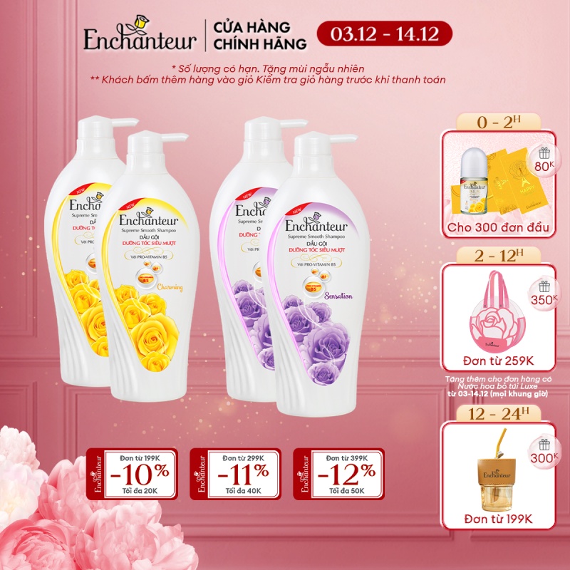 Combo 2 dầu gội hương nước hoa dưỡng tóc siêu mượt Enchanteur Charming/ Sensation 650gr/chai
