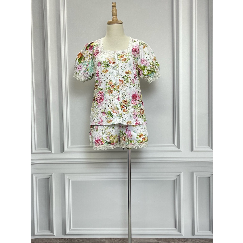 Set áo quần tay bồng họa tiết hoa KIHE DESIGN hàng hiệu chính hãng thời trang nữ S827 màu trắng size M secondhand tha