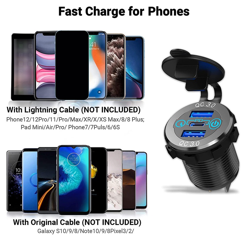 Tẩu Sạc Nhanh QC 3.0 PD3.0 Ba Cổng USB 12V 24V 60W USB-C Có Công Tắc Cho Tàu Thuyền Xe Hơi Xe Tải RV Xe Máy