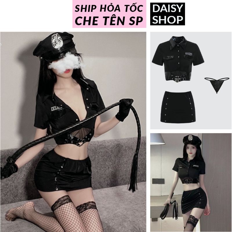[CÓ MŨ + GĂNG] Cosplay nữ cảnh sát phối da và lưới sexy - bộ đồ ngủ hóa trang Police gợi cảm