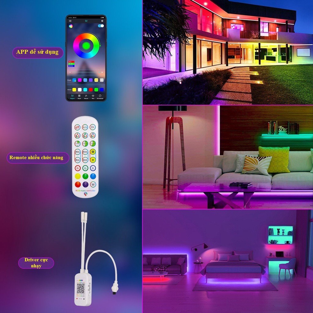 Dây đèn led đuổi ARGB 16 triệu màu, cảm biến âm thanh trực tiếp, điều khiển bằng điện thoại