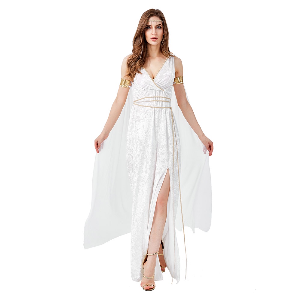 Đầm Maxi Trắng Dài Cổ Chữ V Xẻ Tà Cao Phong Cách Nữ Thần Hy Lạp Cổ Điển Quyến Rũ Cho Nữ