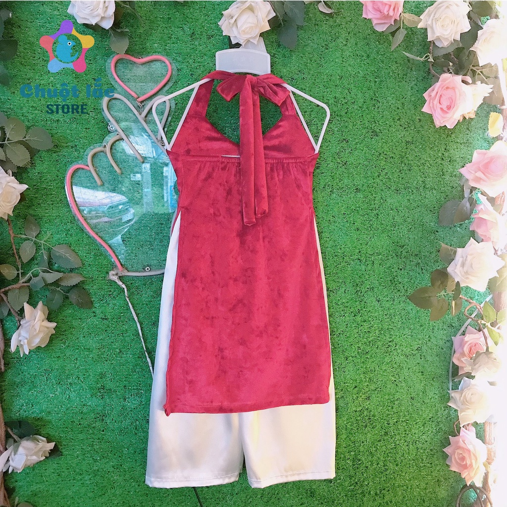 Áo dài cách tân cho bé gái kiểu yếm chất nhung mềm 10kg đến 28kg