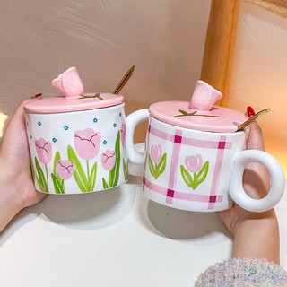 Cốc sứ Hoa Tulip có nắp bông hoa và thìa - Cốc uống nước dễ thương - quà tặng văn phòng