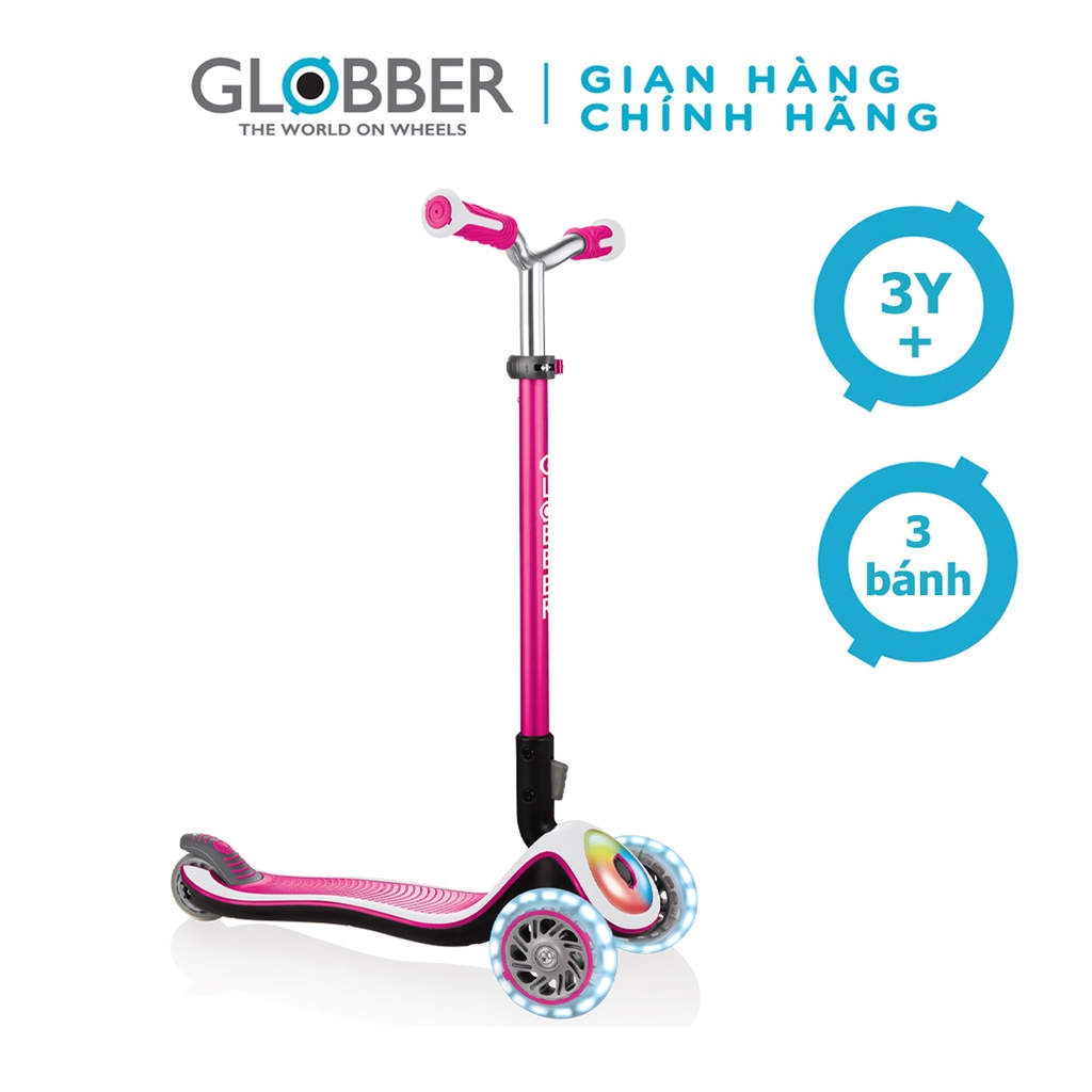 Xe Trượt Scooter 3 Bánh Gấp Gọn Có Bánh Xe Và Mặt Trước Phát Sáng Globber Elite Prime Cho Trẻ Em Từ 3 Đến 9 Tuổi – Hồng