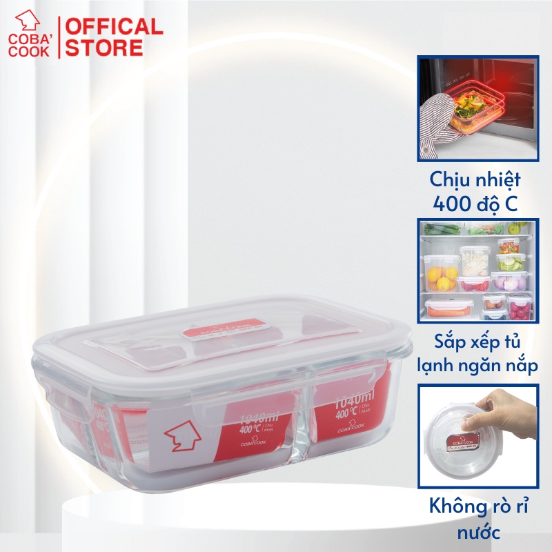 Hộp Thủy Tinh 3 Ngăn Đựng Cơm Đựng Thực Phẩm Chịu Nhiệt COBACOOK- CBHL1040