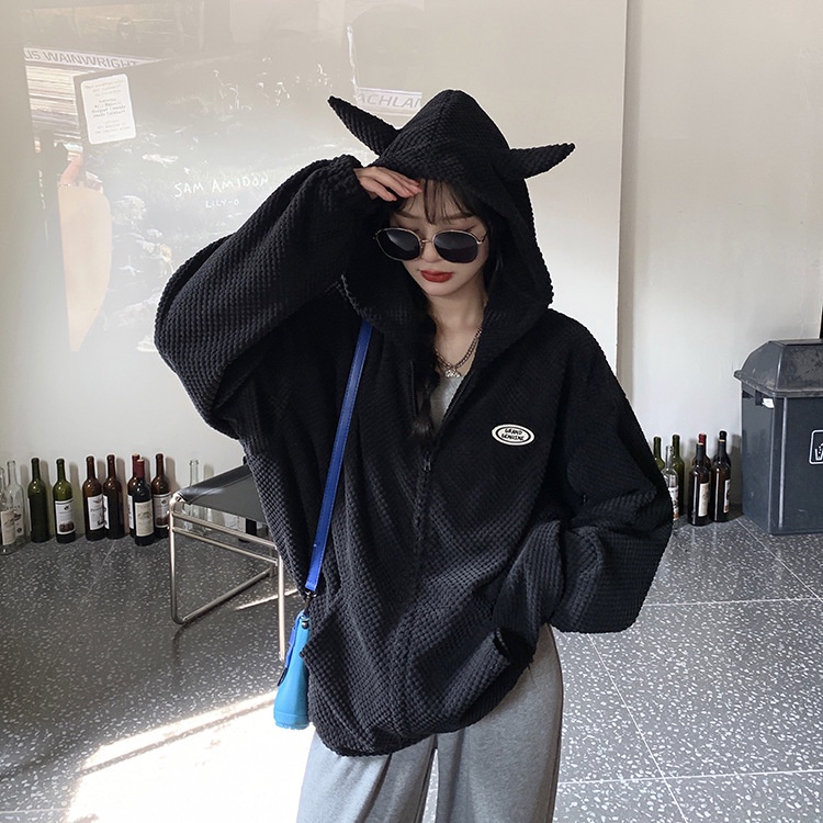 IELGY IELGY Áo Hoodie Dáng Rộng Có Khóa Kéo Hình Bánh waffle Cho Nữ