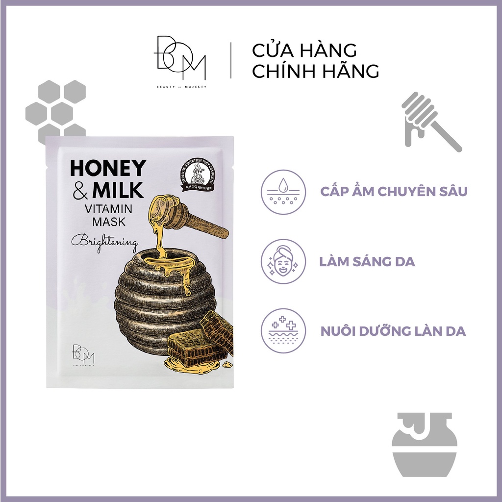 Combo 10 miếng mặt nạ BOM Honey & Milk Brightening Vitamin Mask Mặt Nạ Làm Sáng 25g