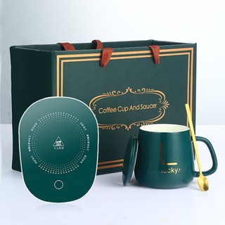 Cốc hâm nóng cà phê, sữa ,cốc hâm nóng kèm đế điện và thìa mạ vàng cao cấp