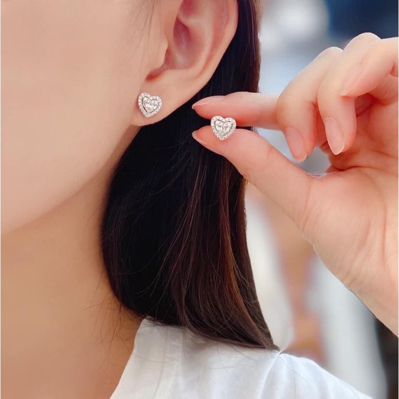 Bông tai tim xoàn bagguet mạ bạch kim