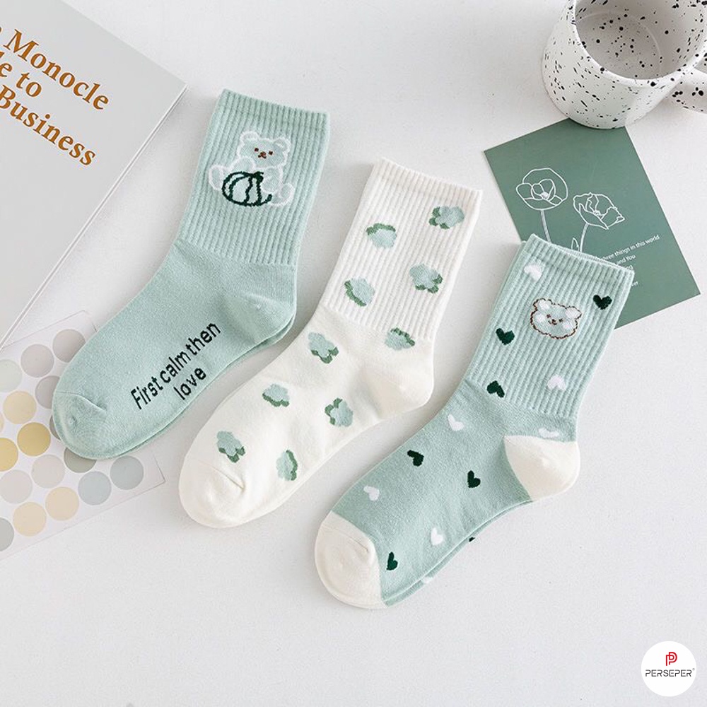 Tất vớ cổ cao nữ chất liệu vải Hàn, họa tiết hình thêu dễ thương - Ekiu Shop