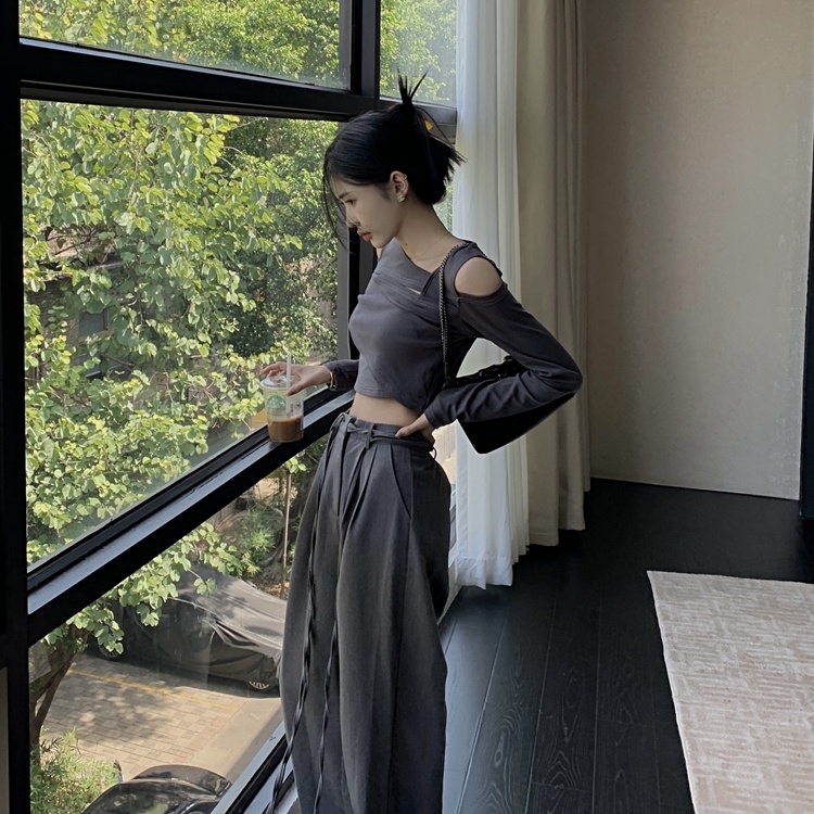 Áo thun SUXI trễ vai dáng ôm màu trơn thời trang mùa thu dành cho nữ