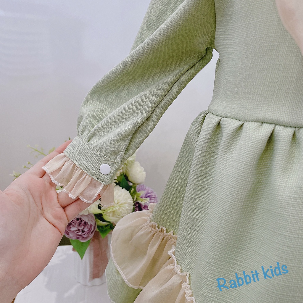 Đầm Dài Tay Cho Bé Gái 1,2,3,4 Tuổi💝FREESHIP💝 Rabbit Kids-Váy Dạ Tweed Xanh Nơ Cổ Lụa Tơ Bóng Dài Tay Trẻ Em 5-18kg
