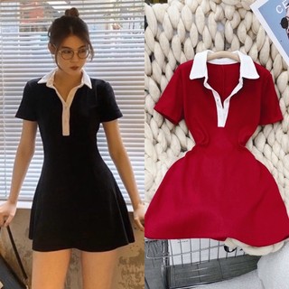 Đầm ngắn polo đen viền cổ trắng