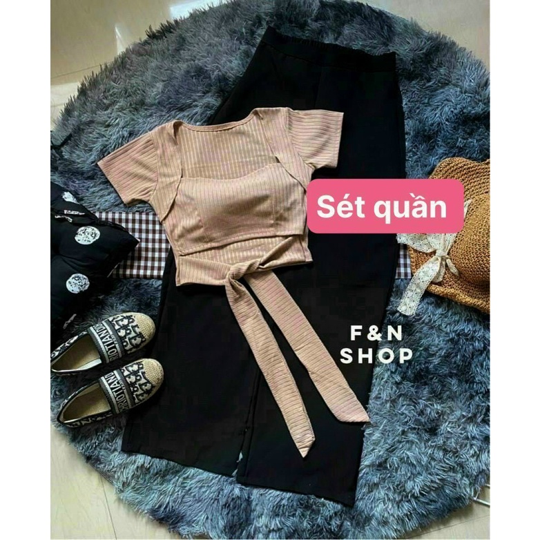 (Sale FreeShip) Sét bộ áo croptop cột nơ mix quần ống rộng,sét nữ phong cách trẻ trung cá tính diện siêu hack dáng