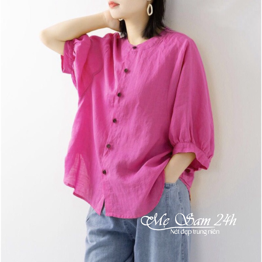 Áo sơ mi nữ trung niên cổ tròn tay lỡ Mẹ sam 24h chất liệu đũi tơ form rộng bigsize che khuyết điểm SMH.34