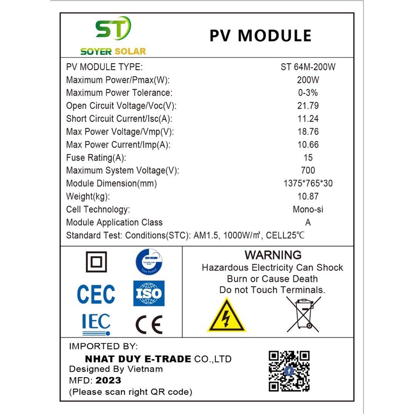 Tấm pin năng lượng mặt trời SOYER SOLAR 200W MONO- Hàng chính hãng, tặng Jack MC4- MỚI