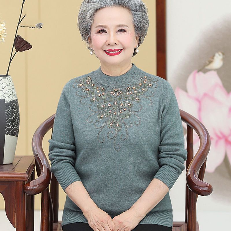 Bộ quần áo bà ngoại thu đông thời trang dệt kim, áo len cao cổ cho người 60-70 tuổi