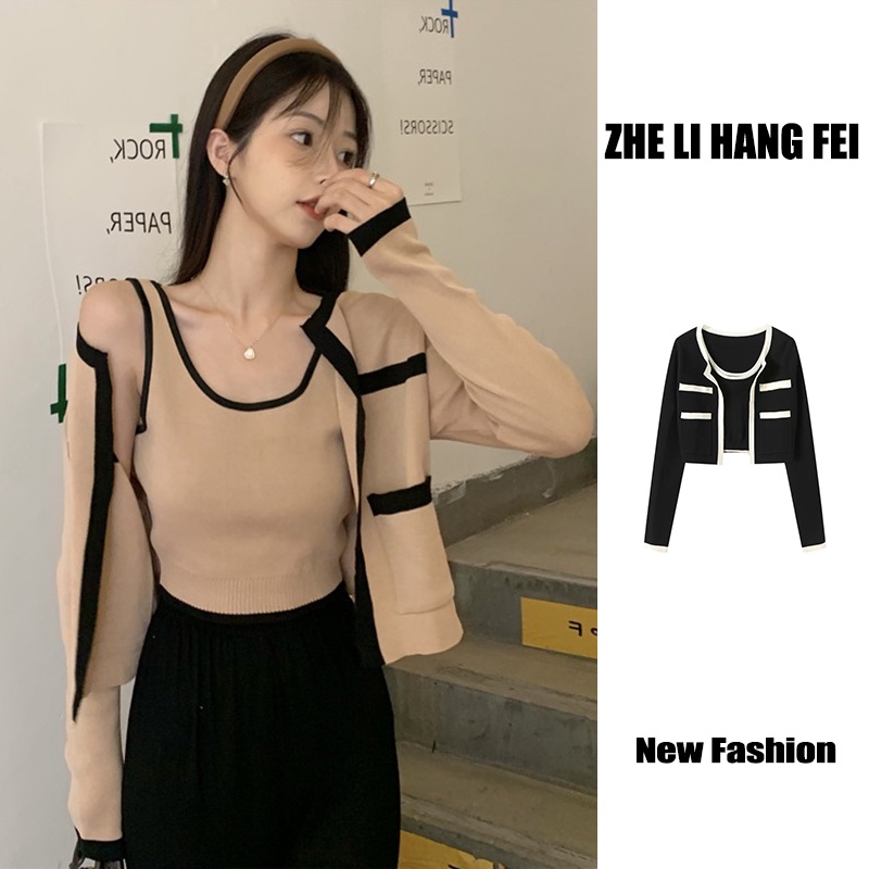 ZHELIHANGFEI Bộ Áo Cardigan Dệt Kim Tay Dài + Quần Lưng Cao Quyến Rũ Thời Trang Cho Nữ