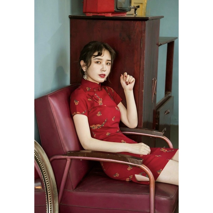 Đầm body nữ sườn xám tôn dáng, tay ngắn cực xinh họa tiết hoa văn quý phái, phối cổ tàu trẻ trung cá tính