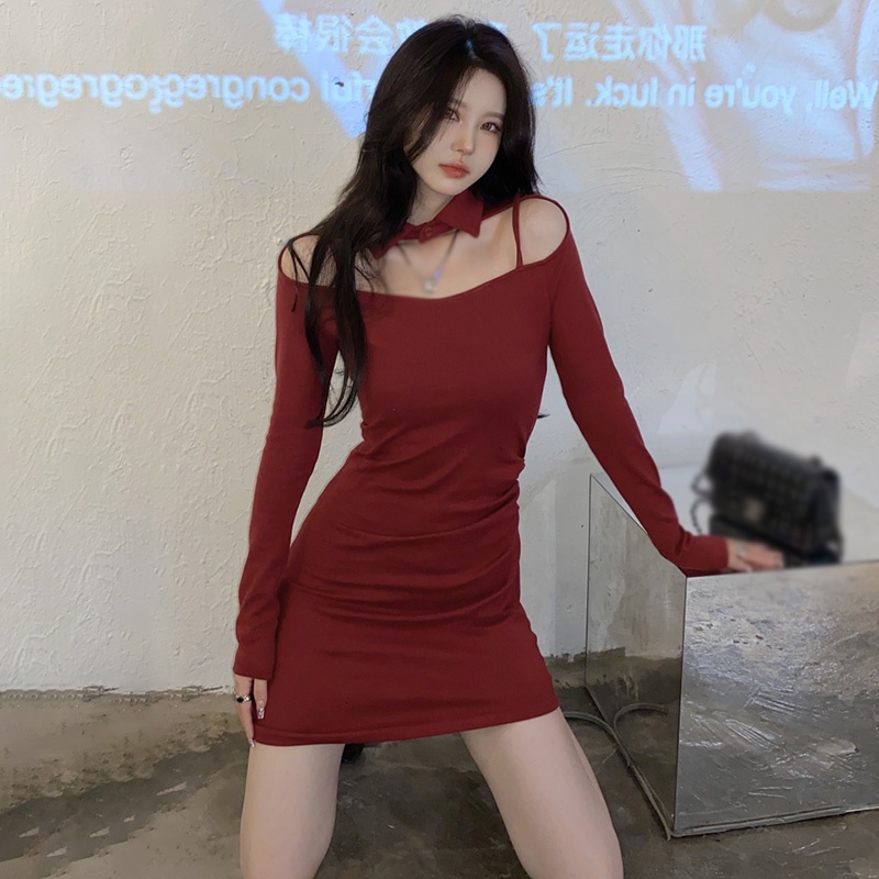 Đầm Mini Tay Dài Hở Vai Màu Sắc Trơn Phong Cách Hàn Quốc Cổ Điển Thời Trang Quyến Rũ Cho Nữ