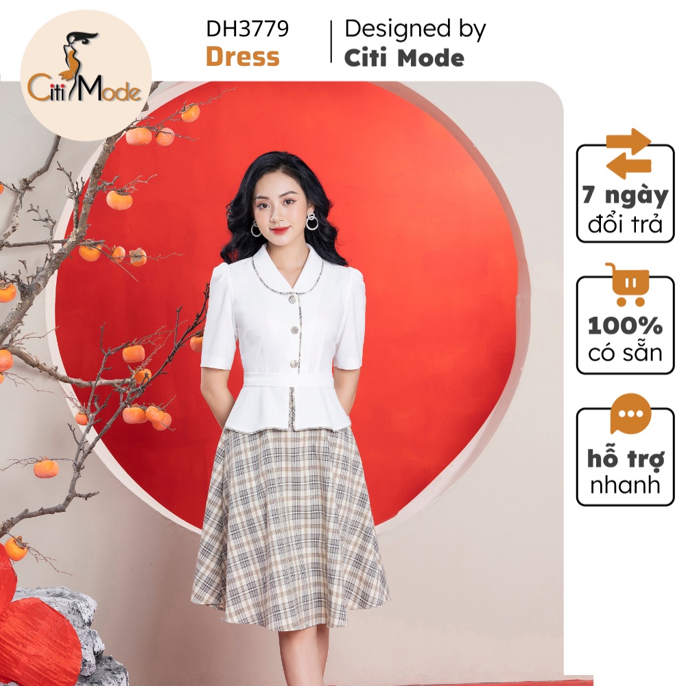 Đầm công sở CITI MODE FASHION thiết kế dáng peplum trắng phối chân váy kẻ DH3779