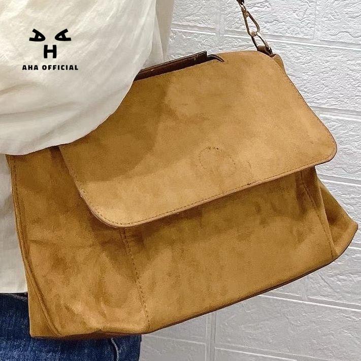 Túi đeo chéo AHA official chất liệu da lộn cỡ lớn dễ phối đồ hợp thời trang