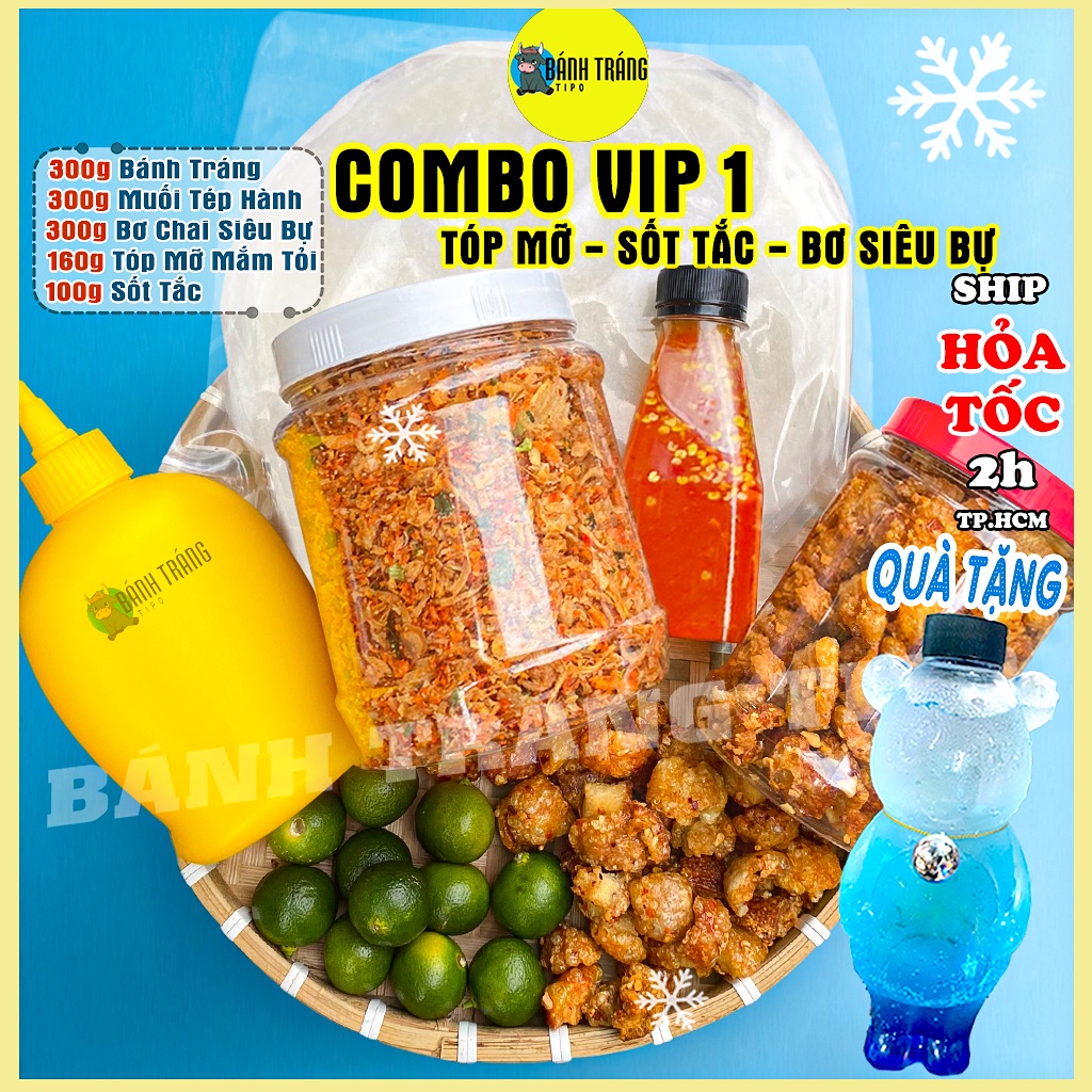 COMBO VIP - Set Bánh tráng phơi sương tóp mỡ mắm tỏi - sốt tắc - muối tôm hành phi - bơ béo | BÁNH TRÁNG TIPO