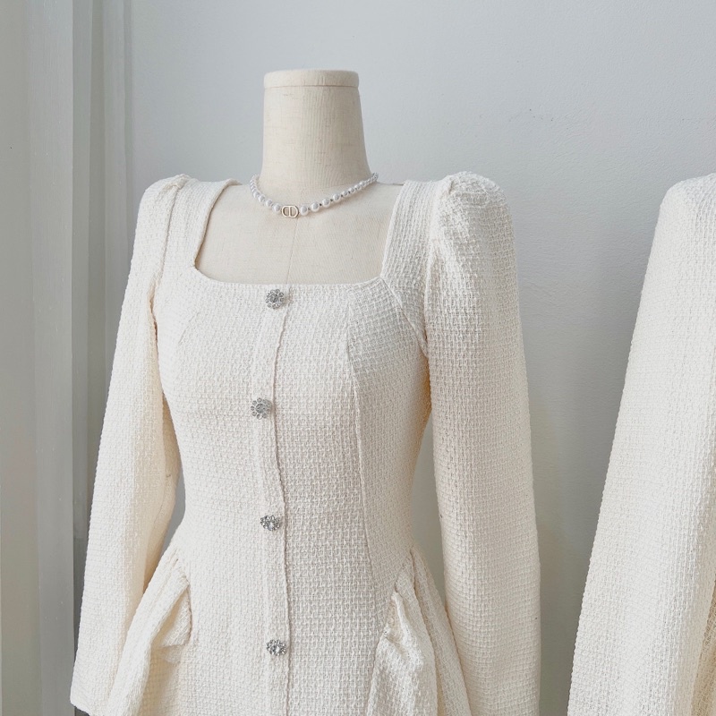 Váy trắng dạ tweed tay dài đính cúc đá hoa  hình thật, Đầm dạ tweed sang chảnh đi tiệc màu trắng