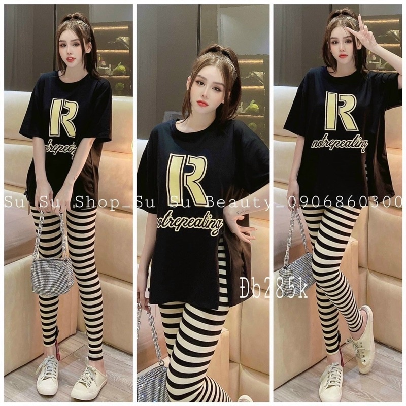 Set áo thun xẻ tà quần ôm gân xinh yêu, Set bộ mặc nhà thoải mái đủ màu