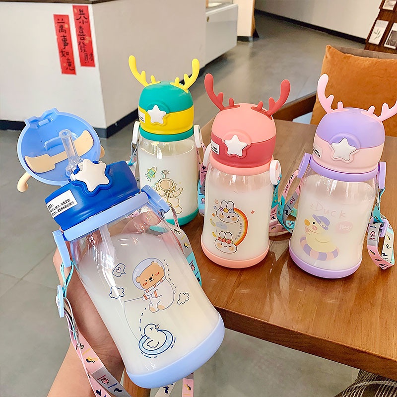 Bình nước ống hút trẻ em 600ml, bình cho bé hình sừng hươu dễ thương - Ống mềm Silicone Phim hoạt hình - LUCKYBABY