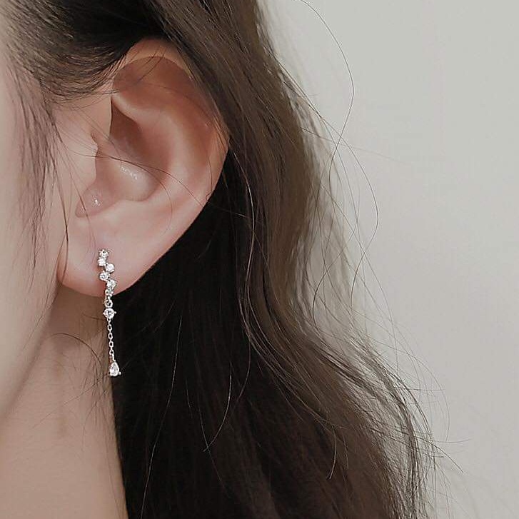 Khuyên tai bạc khuyên tròn sát tai nạm một hàng đá thả đá tua dài nhẹ nhàng Van jewelry