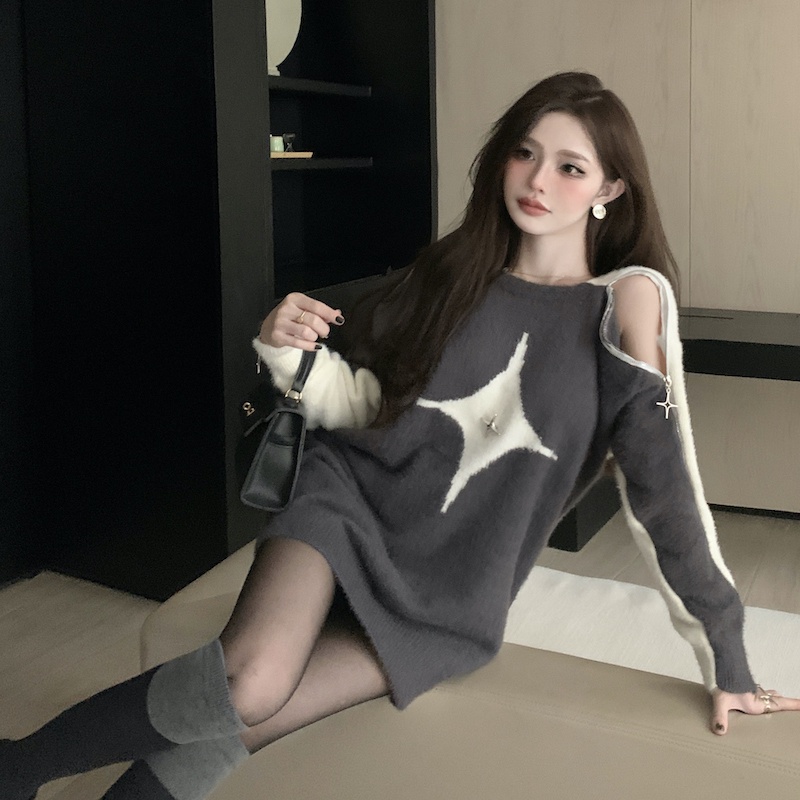 Áo Sweater Dệt Kim Không Dây Khóa Kéo Kim Loại Hình Ngôi Sao Năm Cánh