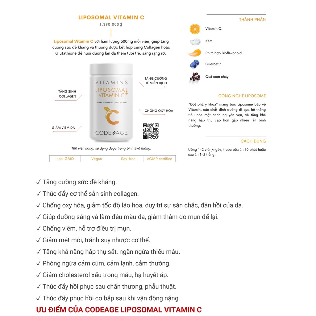 Viên Uống Vitamin C Tăng Cường Miễn Dịch Codeage Liposomal Vitamin C 180 Viên Dưỡng Sáng Da, Mờ Thâm