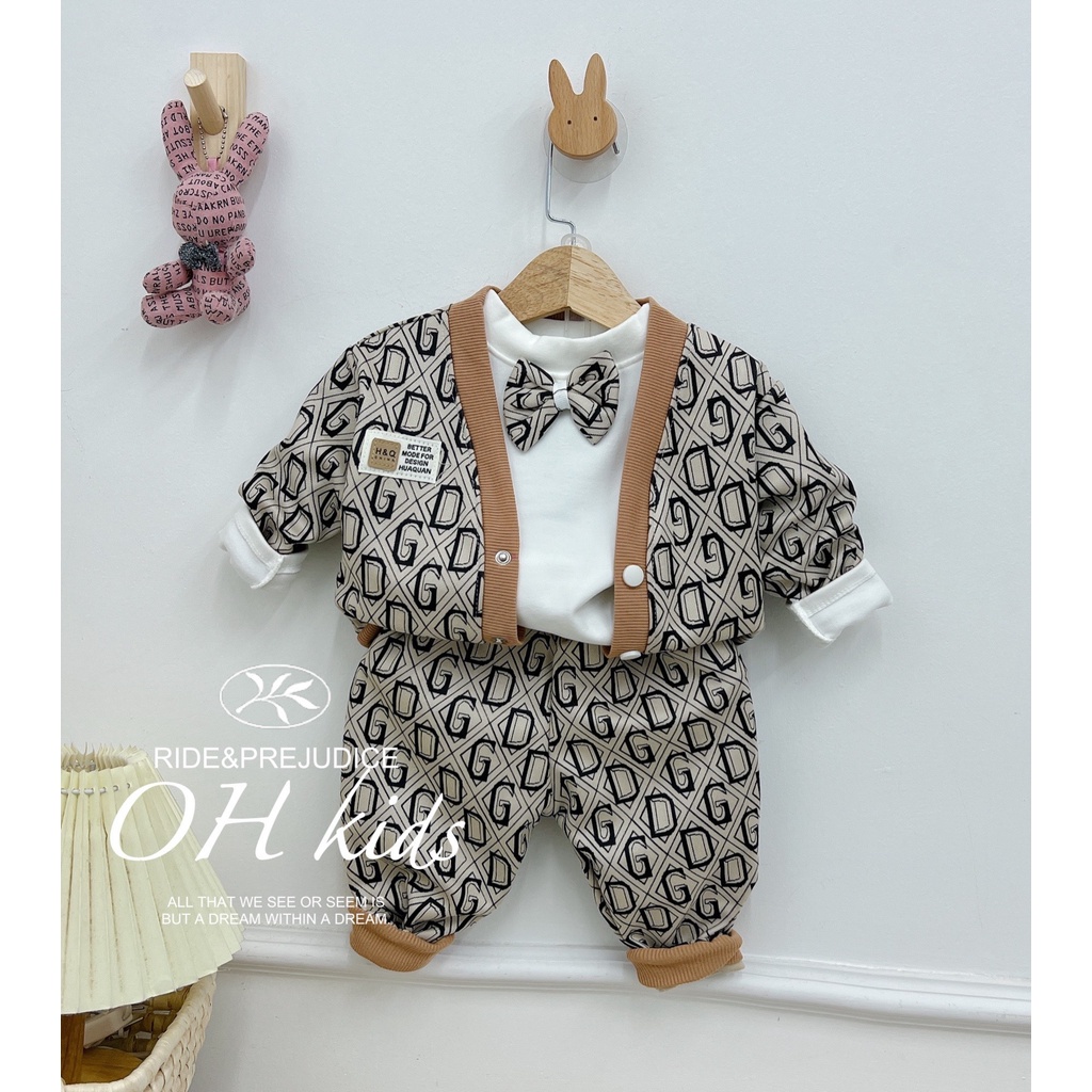 THANH LÝ - Set công tử 3 chi tiết phối nơ chất liệu da mỏng siêu đẹp cho bé 8-20kg