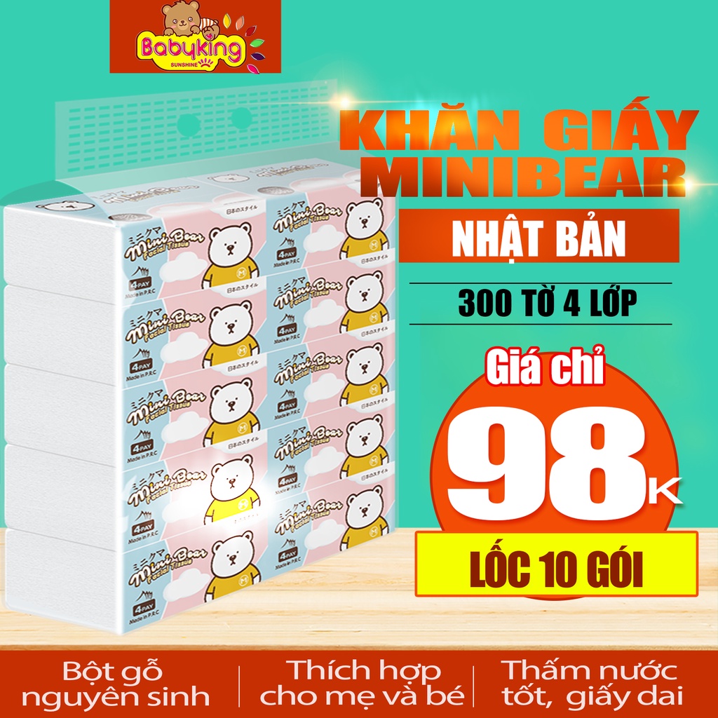 Lốc 10 Gói Khăn giấy rút Minibear thương hiệu của Nhật Bản, an toàn cho làn da bé