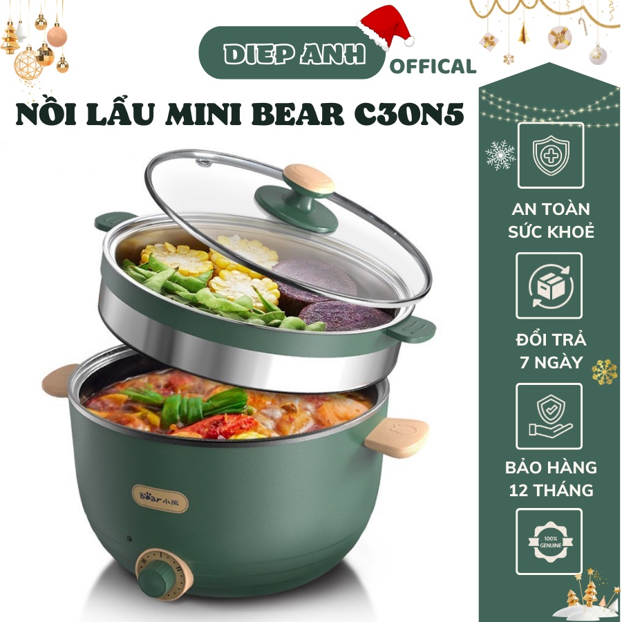 Nồi lẩu điện đa năng Bear C30N5 dung tích 3L kèm xửng hấp, ca nấu mì mini