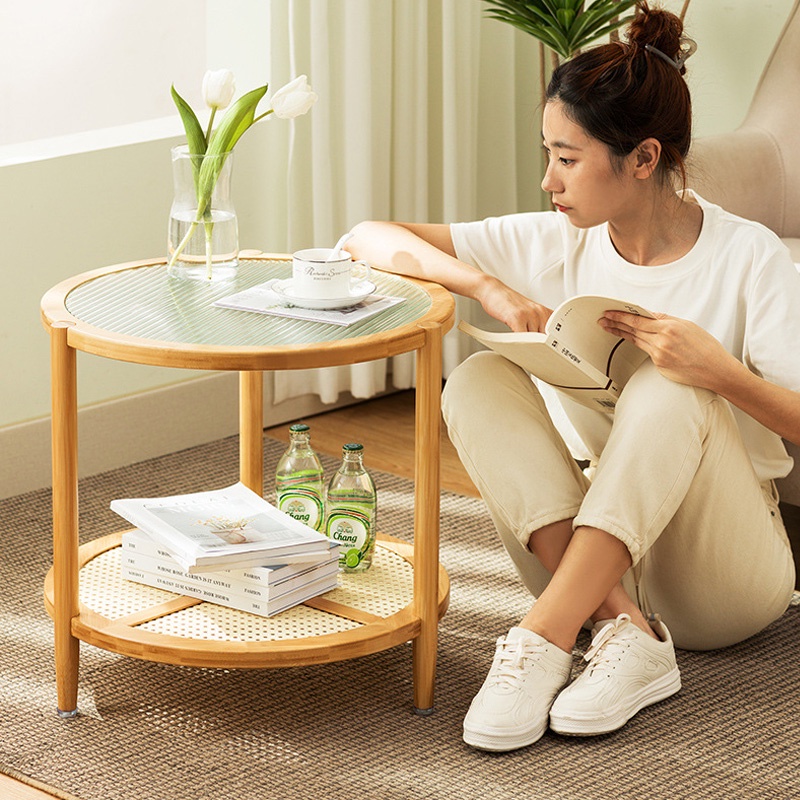 Bàn trà tròn 2 tầng mặt kính gỗ tre sang trọng bàn cà phê | BigBuy360 - bigbuy360.vn