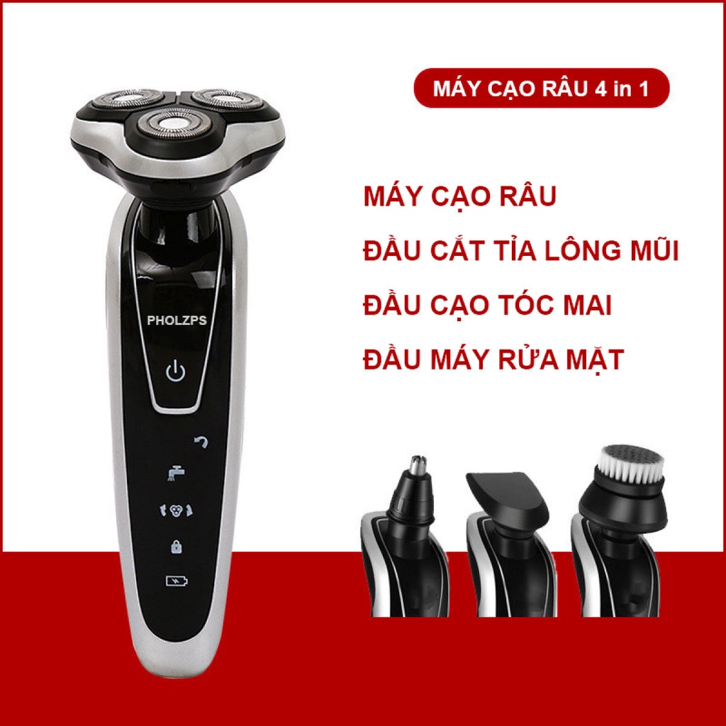 Máy Cạo Râu Đa Năng 4 In 1 Hàn Quốc Cao Cấp Pholzps Tông Đơ Cắt Tóc Tỉa Lông Mũi Massage Mặt Chống Nước IPX7 Thay Lưỡi