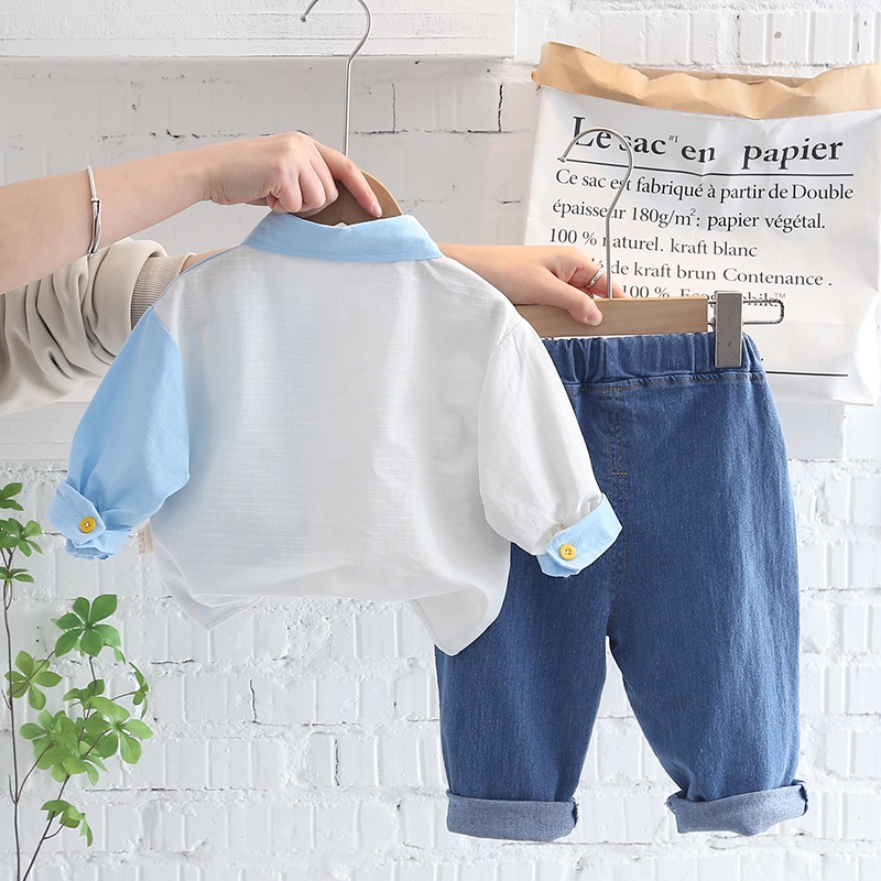 Bộ Áo Sơ Mi Tay Dài + Quần Denim Họa Tiết Doraemon Phong Cách Hàn Quốc Thời Trang Cho Bé Trai Gái 80-120cm