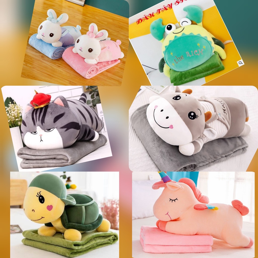 Chăn văn phòng 2in1, chăn gối 2 trong 1, gấu kèm chăn Mèo DUDU Hoàng Thượng,Lotso Hồng, Khủng Long Heo