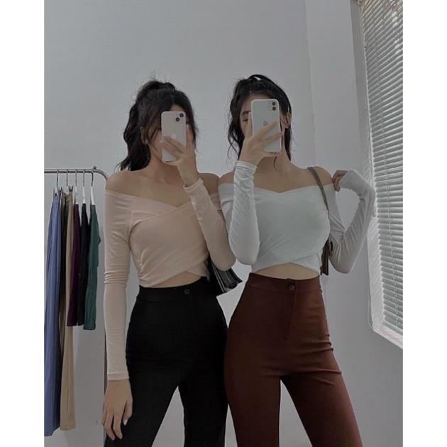 Áo trễ vai croptop ôm dáng cho nữ - áo croptop tay dài đắp chéo chất thun gân tăm dày mịn A019