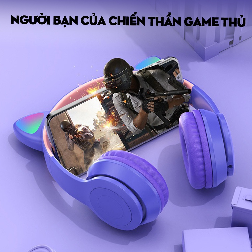 Tai Nghe Bluetooth Chụp Tai Cao Cấp - Tai Nghe Over Ear Không Dây Thiết Kế Tai Mèo Dễ Thương - Âm Bass Đỉnh Cao - Kết Nố