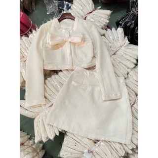 Set dạ Tweed đính nơ trắng Tiểu thư siêu xinh
