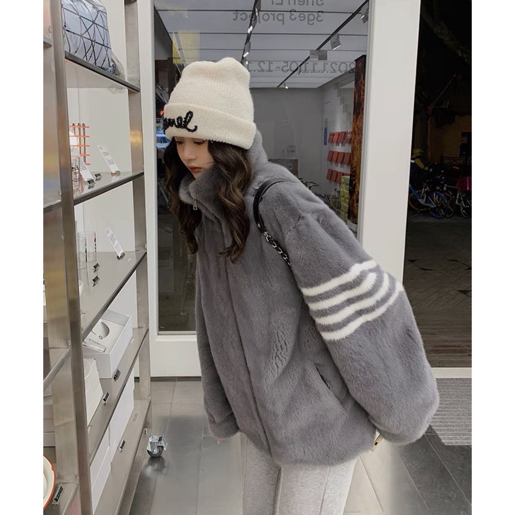 Áo Khoác Thom Lông Cừu Dày Dặn Phối Kẻ Sọc Tay Phong Cách Trẻ Trung Năng Động Fom Nam Nữ Trend