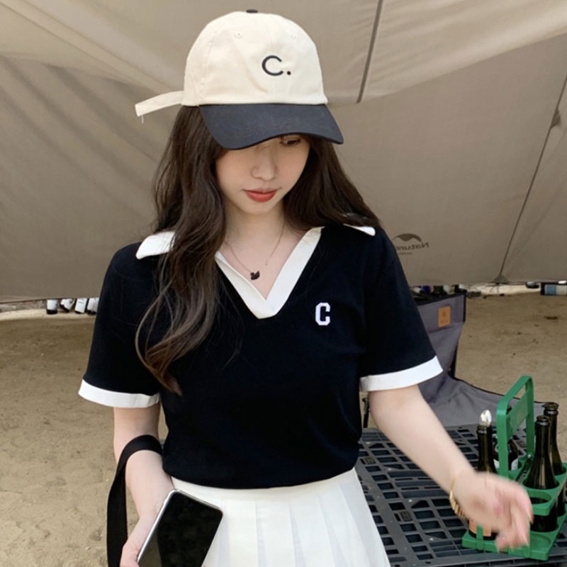 Áo Thun Ngắn Tay Cổ Chữ V Phối Màu Tương Phản Thời Trang Hàn Quốc Cho Nữ