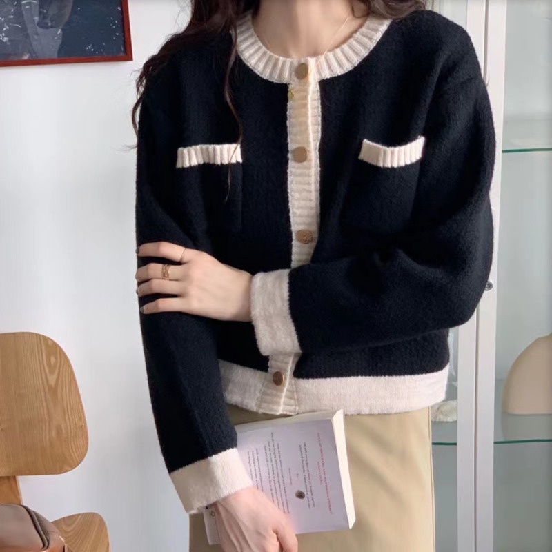 Áo Khoác Len Tay Dài Dáng Rộng Màu Tương Phản Thời Trang Mùa Thu Phong Cách Hàn Quốc