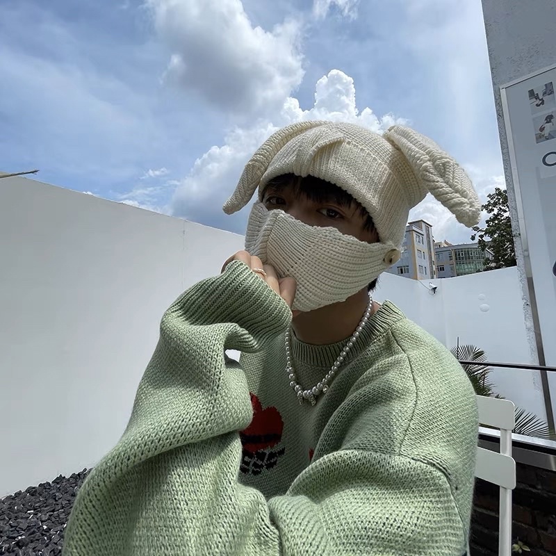 Mũ len tai thỏ bunny skimask phong cách streetwear, drip, cozy