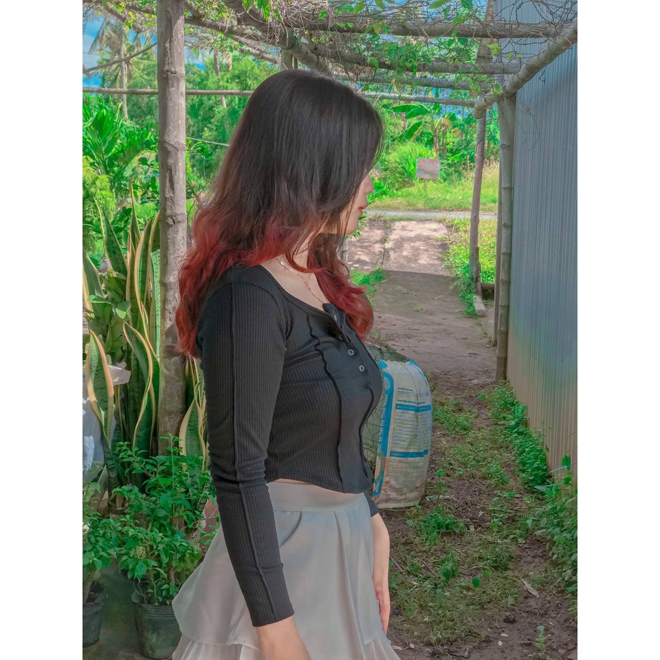 Áo kiểu nữ ôm chất thun gân tăm phối nút bấm phong cách Hàn Quốc vể đủ màu, áo thun thu đông- alohashop91