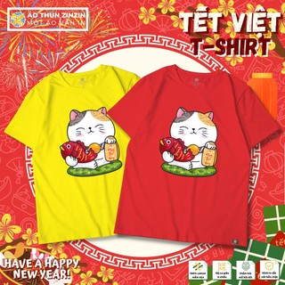 Áo thun tết mèo thần tài cổ tròn 100 phần trăm cotton 4 chiều mềm mịn, thoáng mát, thấm hút mồ hôi (mẫu 9)